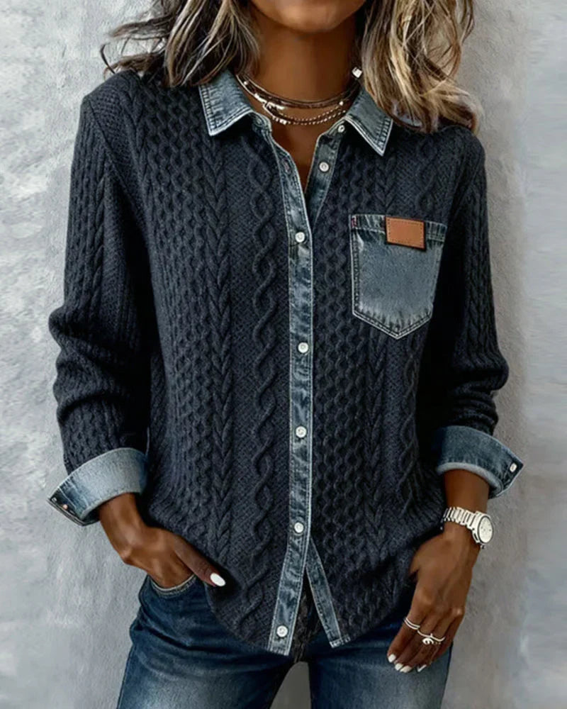 Janelle – Cable Knit Denim Patchwork Top
