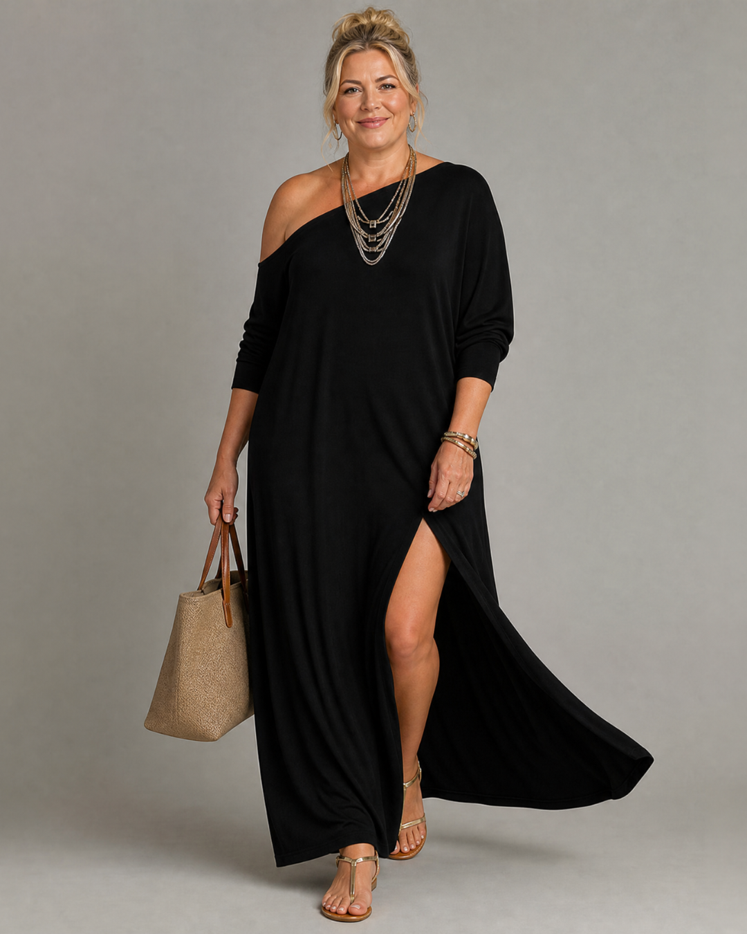 Jenna | One-Shoulder Side-Slit Midi Dress
