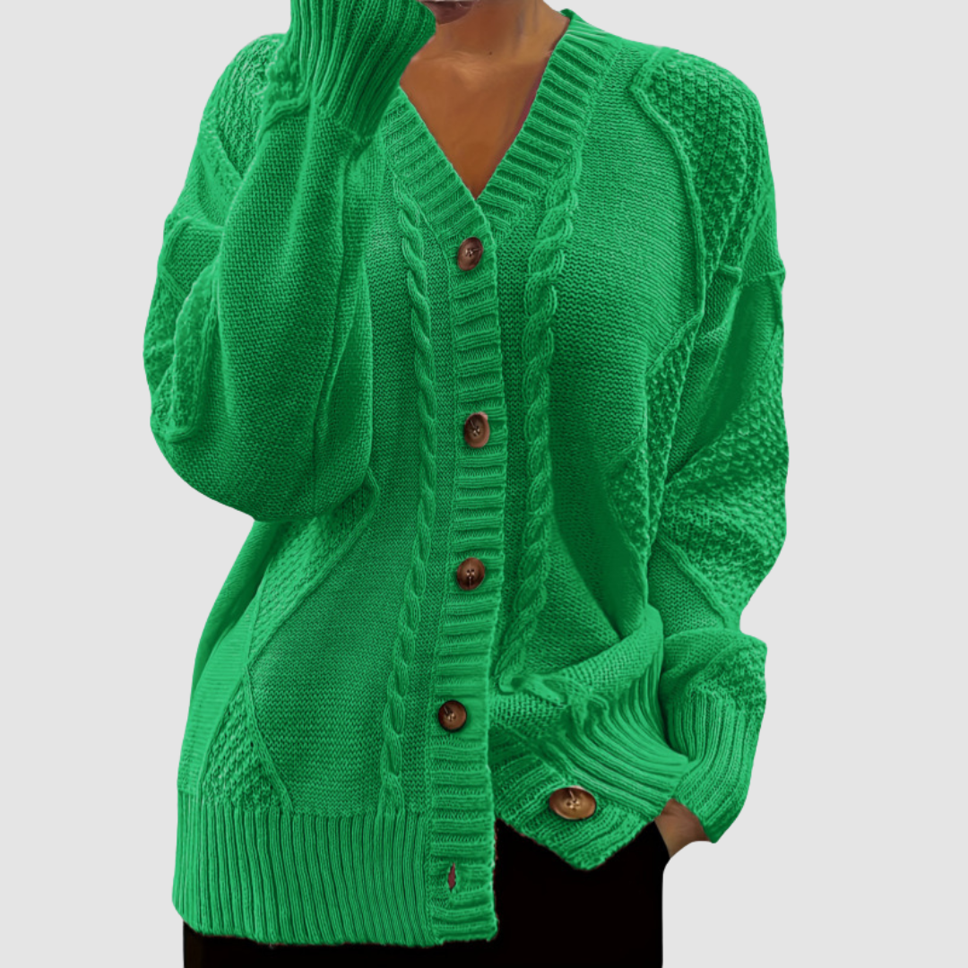 Delores – Cable Knit Button-Front Cardigan