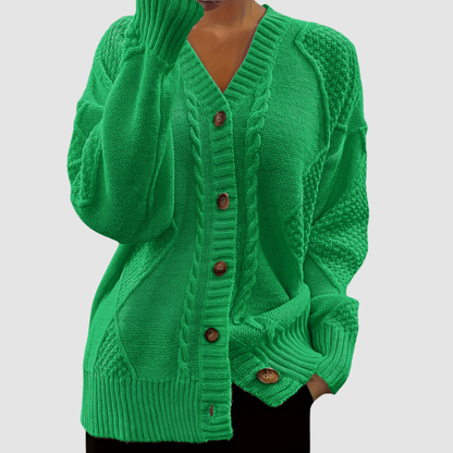 Delores – Cable Knit Button-Front Cardigan