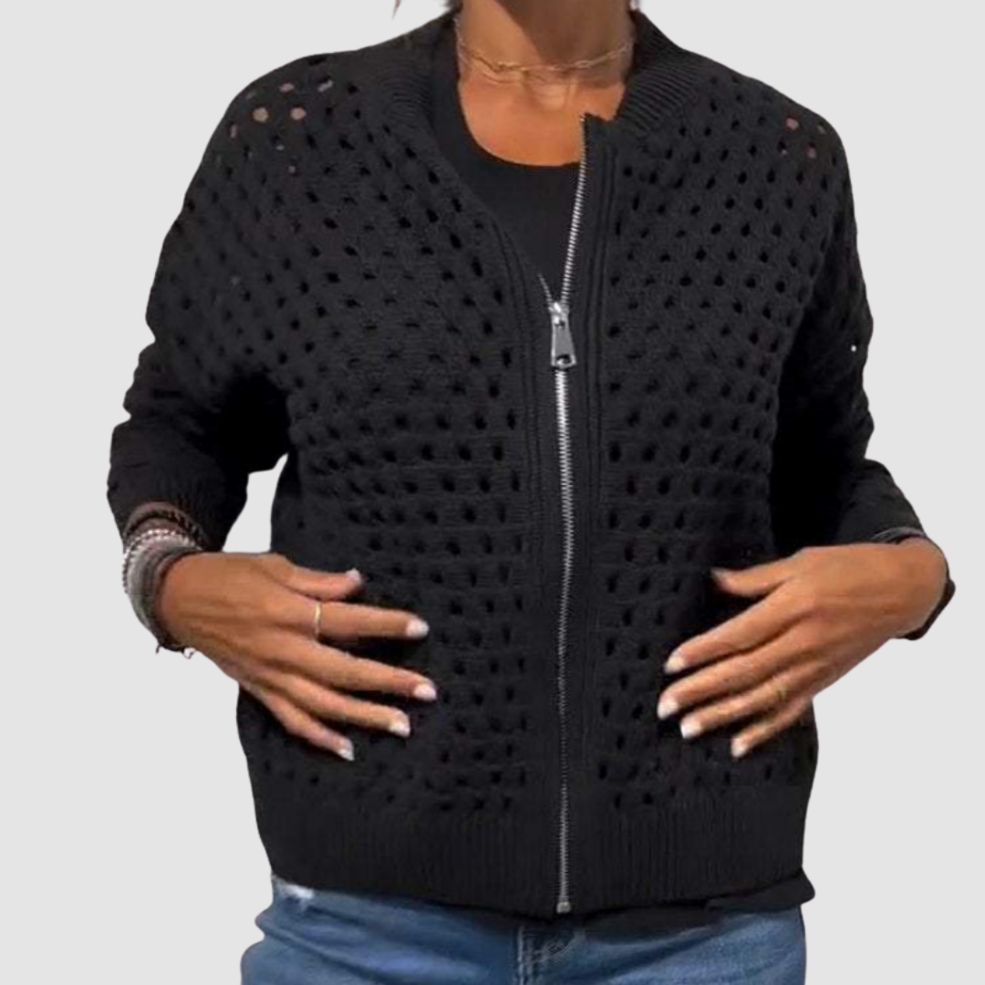 Pearline – Hollow Knit Zip-Up Cardigan