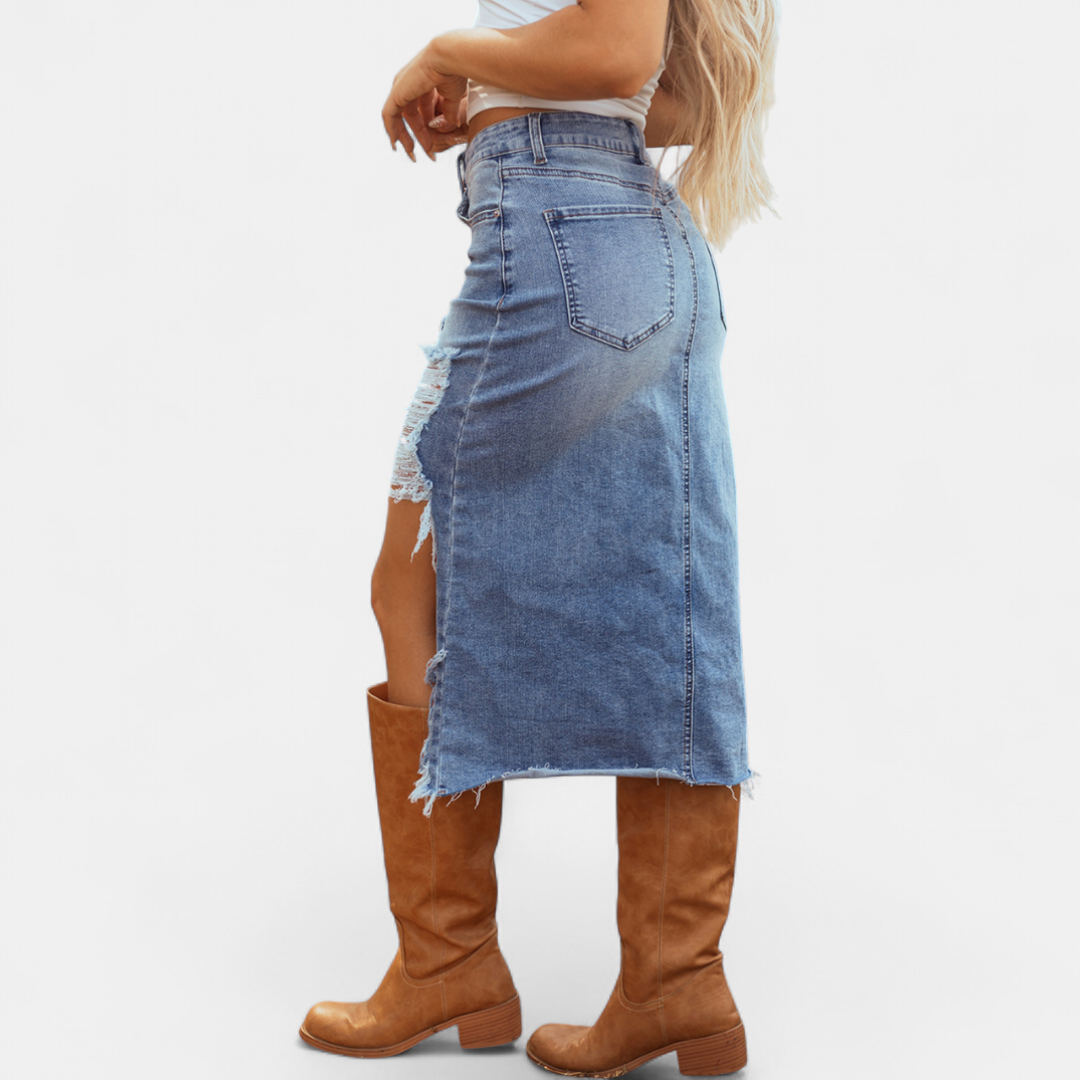 Lorraine – Distressed Denim Midi Skirt