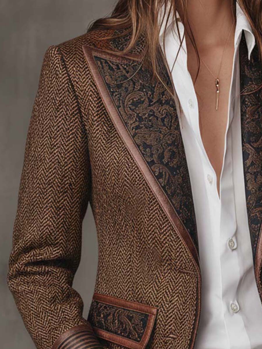 Carleen – Herringbone Blazer with Printed Panels