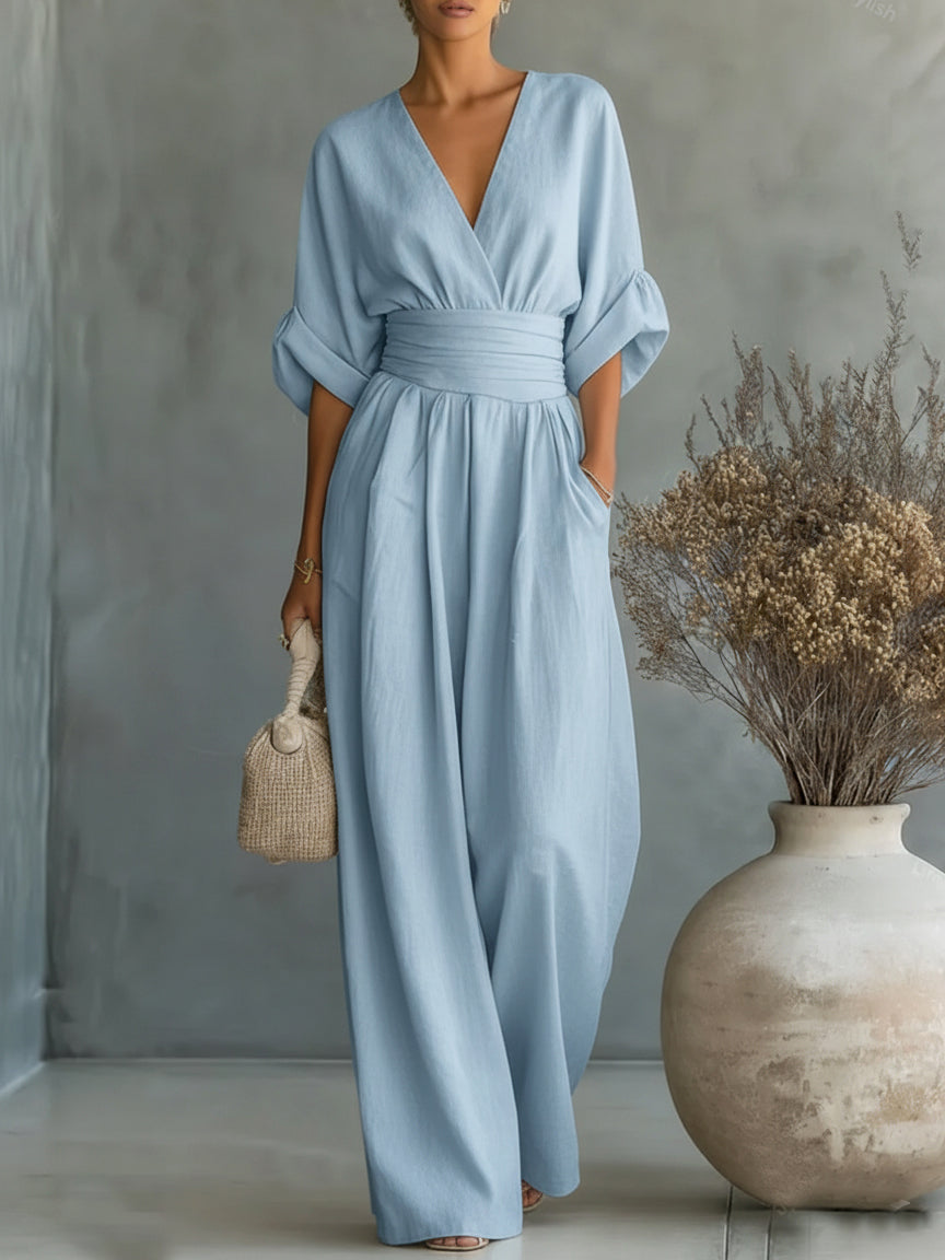 Joan – Wide Leg V Neck Elegant Jumpsuit