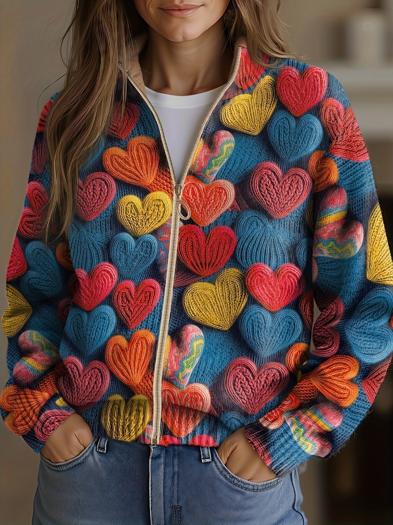 Helene – Heart Print Zip-Up Knit Cardigan