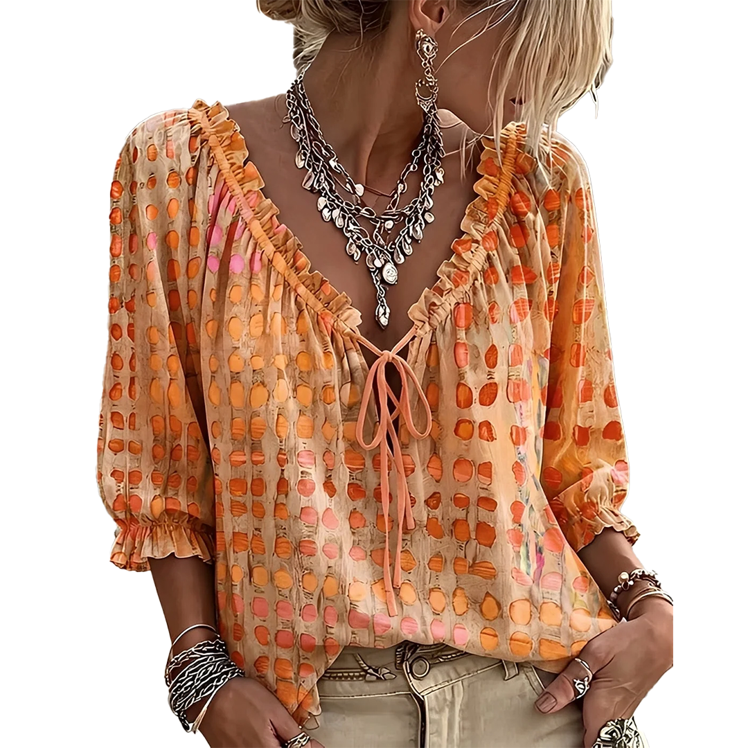 Jillian – Ruffled Tie-Front Spot Print Blouse