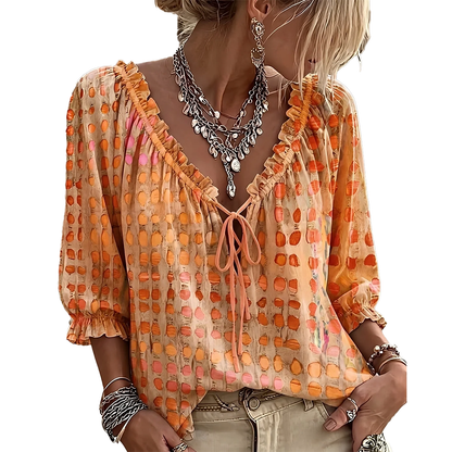 Jillian – Ruffled Tie-Front Spot Print Blouse