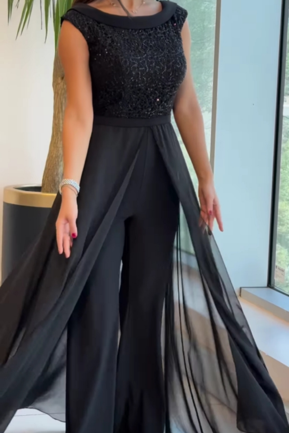 Sue – Sequin Bodice Jumpsuit with Chiffon Overlay