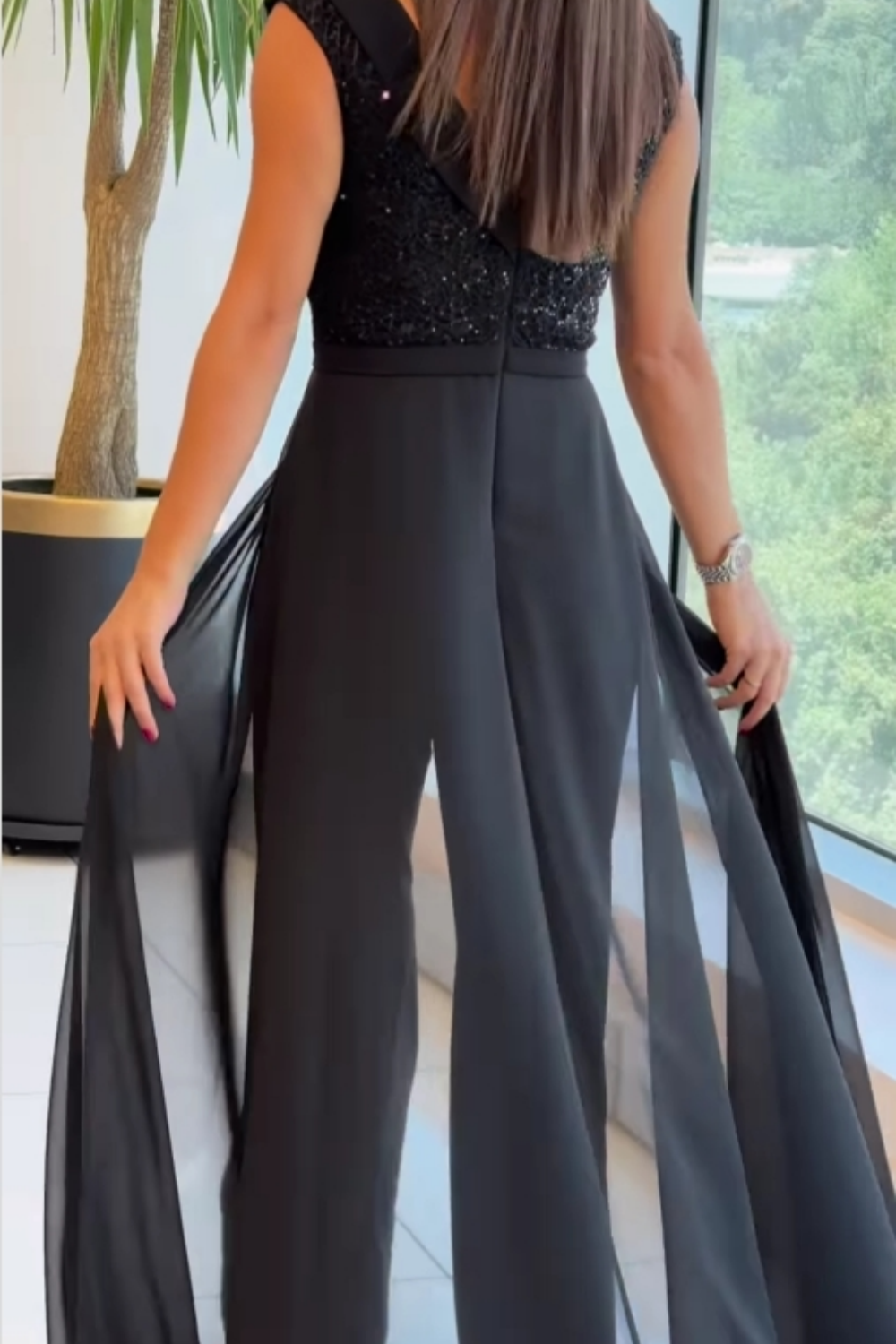 Sue – Sequin Bodice Jumpsuit with Chiffon Overlay