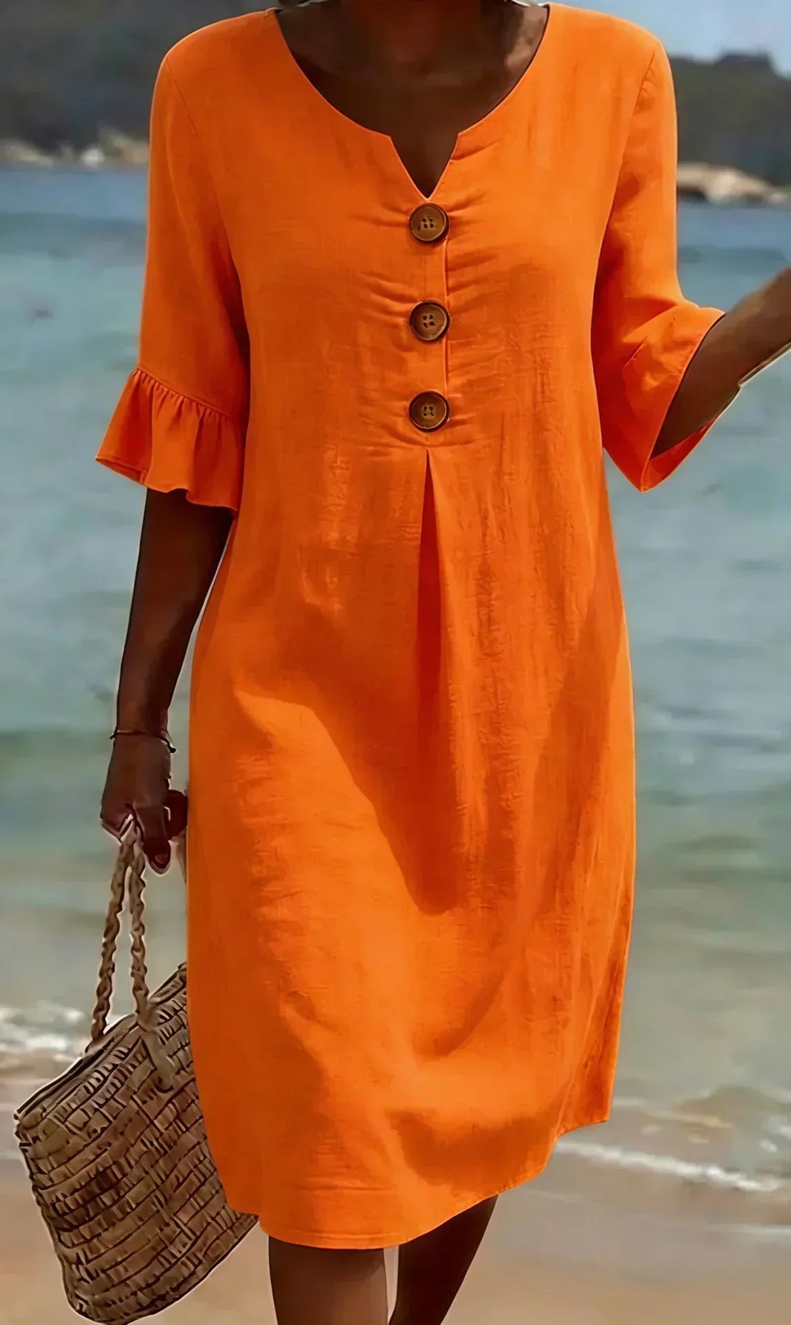 Kara – Relaxed Linen-Look Button Detail Dress