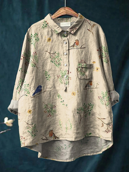 Eleni | Boughs and Robin Birds Pattern Printed Women's Casual Shirt