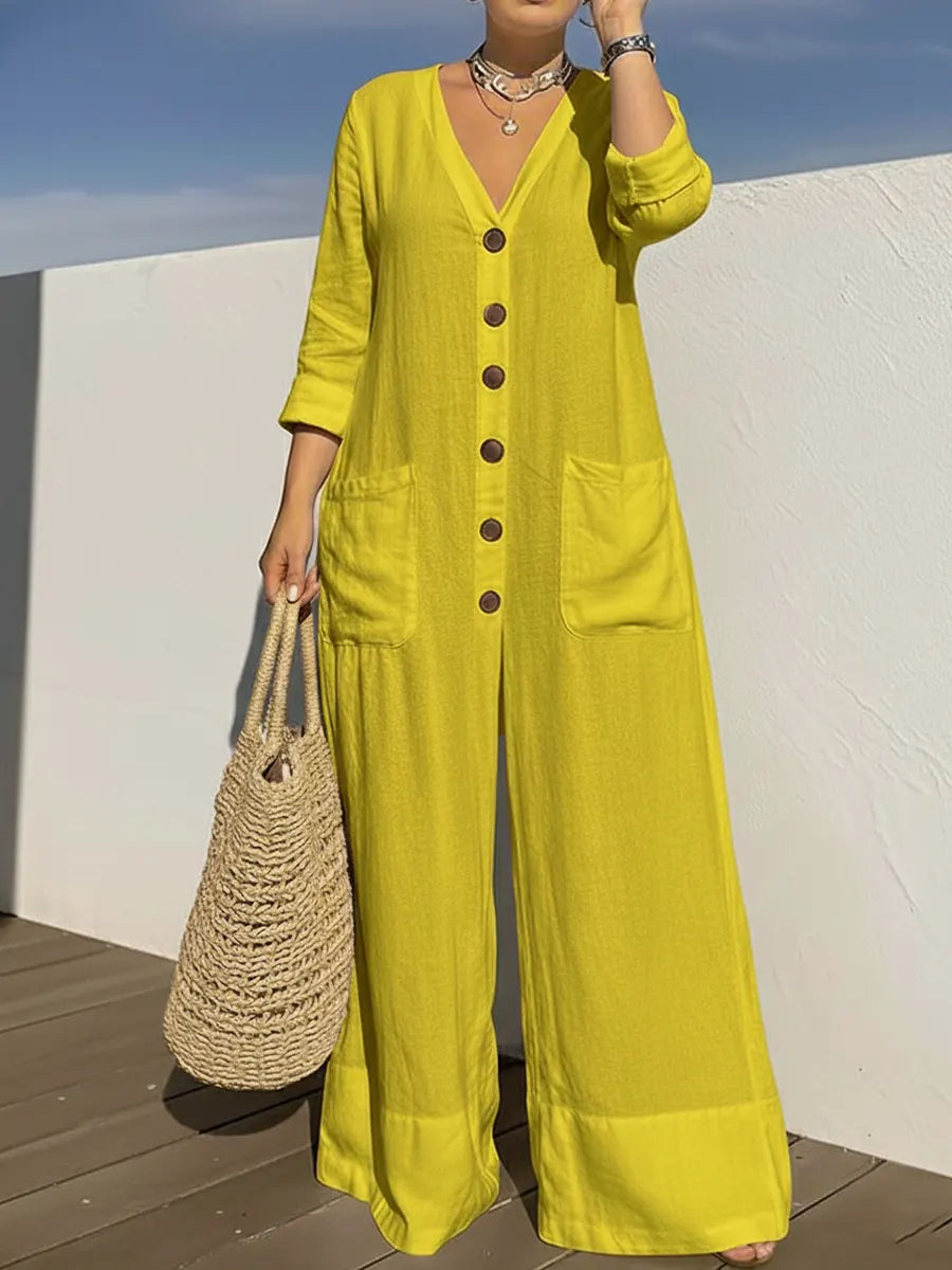 Tamara – Button-Front Wide Leg Linen-Look Jumpsuit