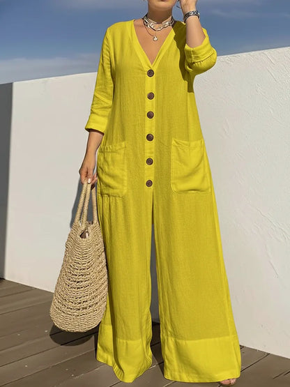 Tamara – Button-Front Wide Leg Linen-Look Jumpsuit