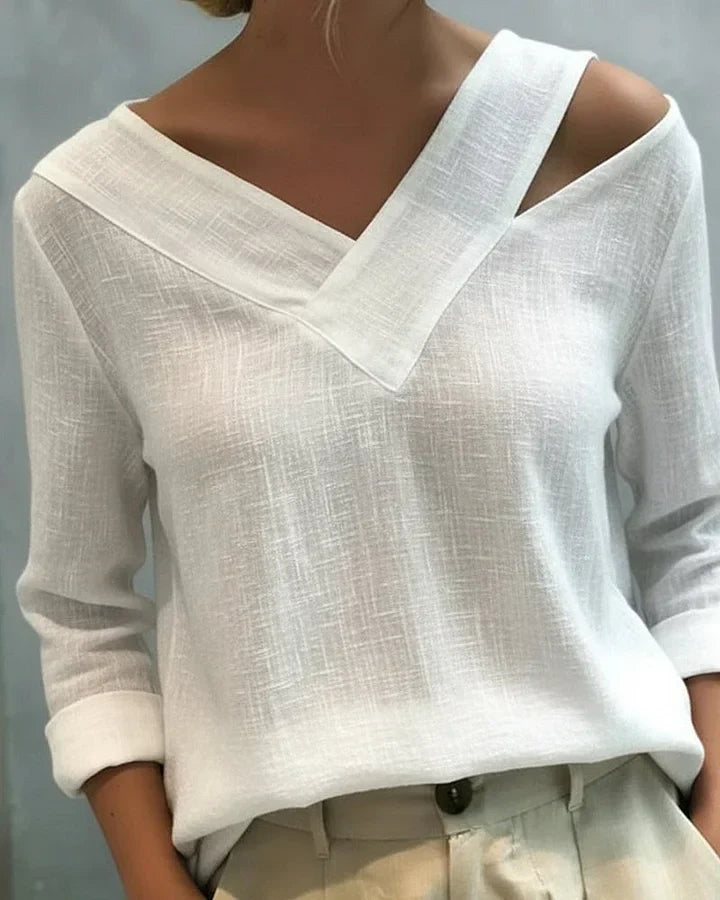 Opal – V-Neck Off-Shoulder Linen-Look Top