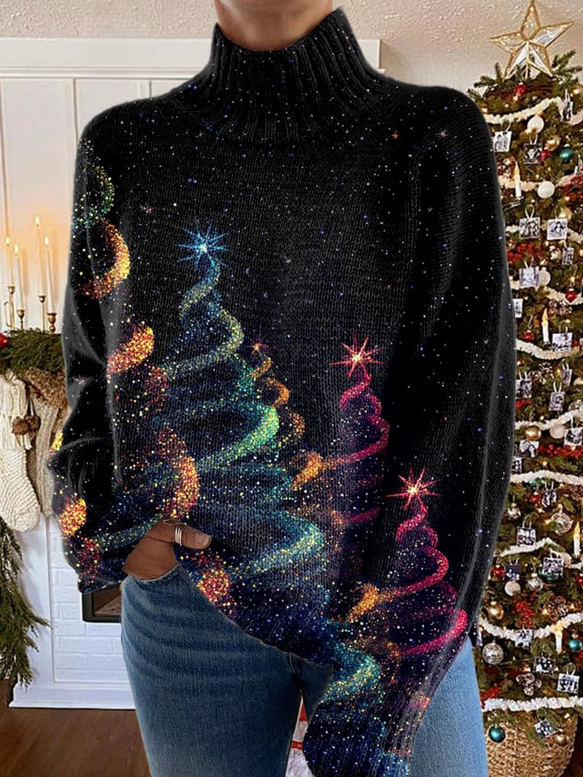 Janice – Glitter Christmas Tree Turtleneck Jumper