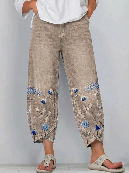 Denise – Floral Embroidered Denim-Look Pants