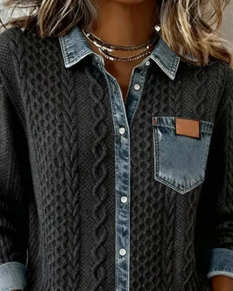 Janelle – Cable Knit Denim Patchwork Top