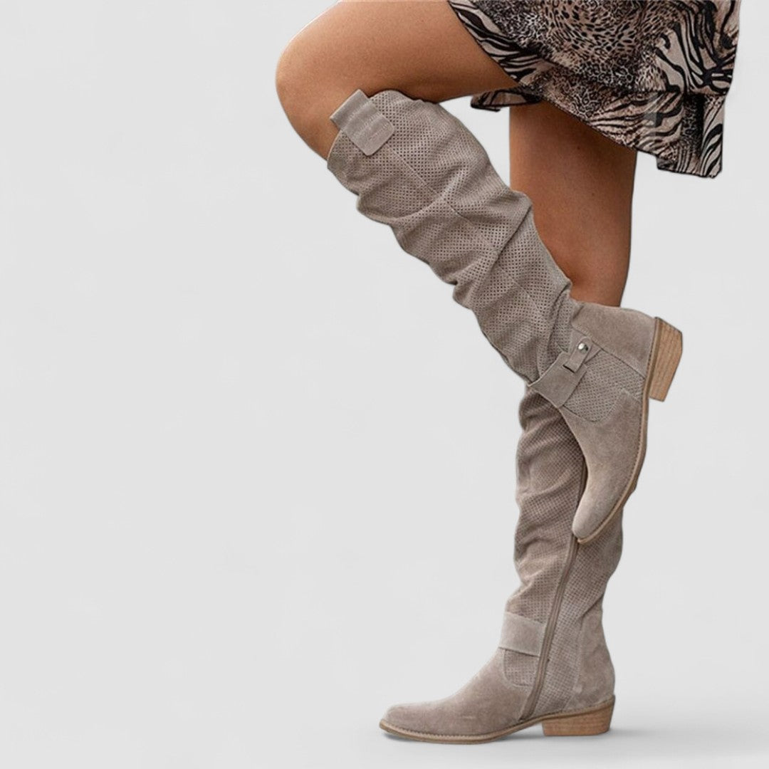 Cynthia – Knee-High Perforated Suede Boots