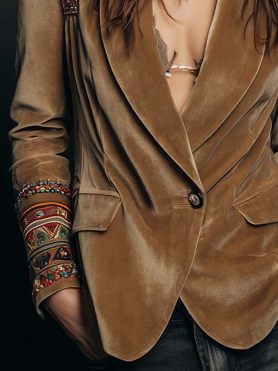 Corinne – Velvet-Look Blazer with Embroidered Trim