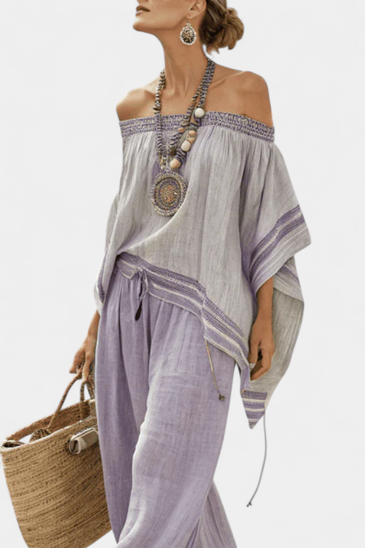 Sandhya | Elegant Off-Shoulder Top & Wide-Leg Striped Pants