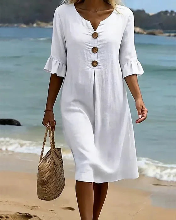 Kara – Relaxed Linen-Look Button Detail Dress