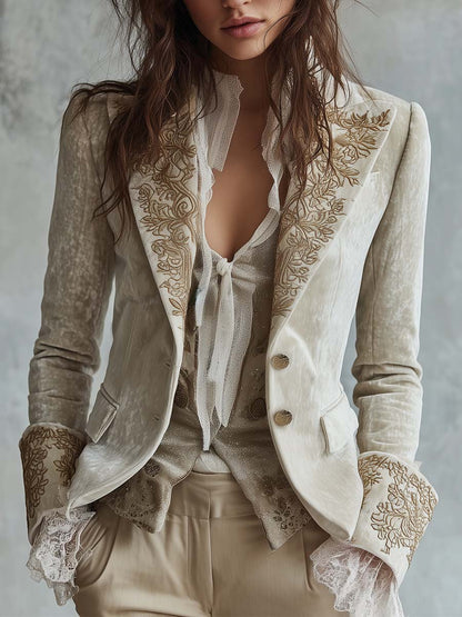 Joan – Embroidered Velvet-Look Blazer with Lace Cuffs