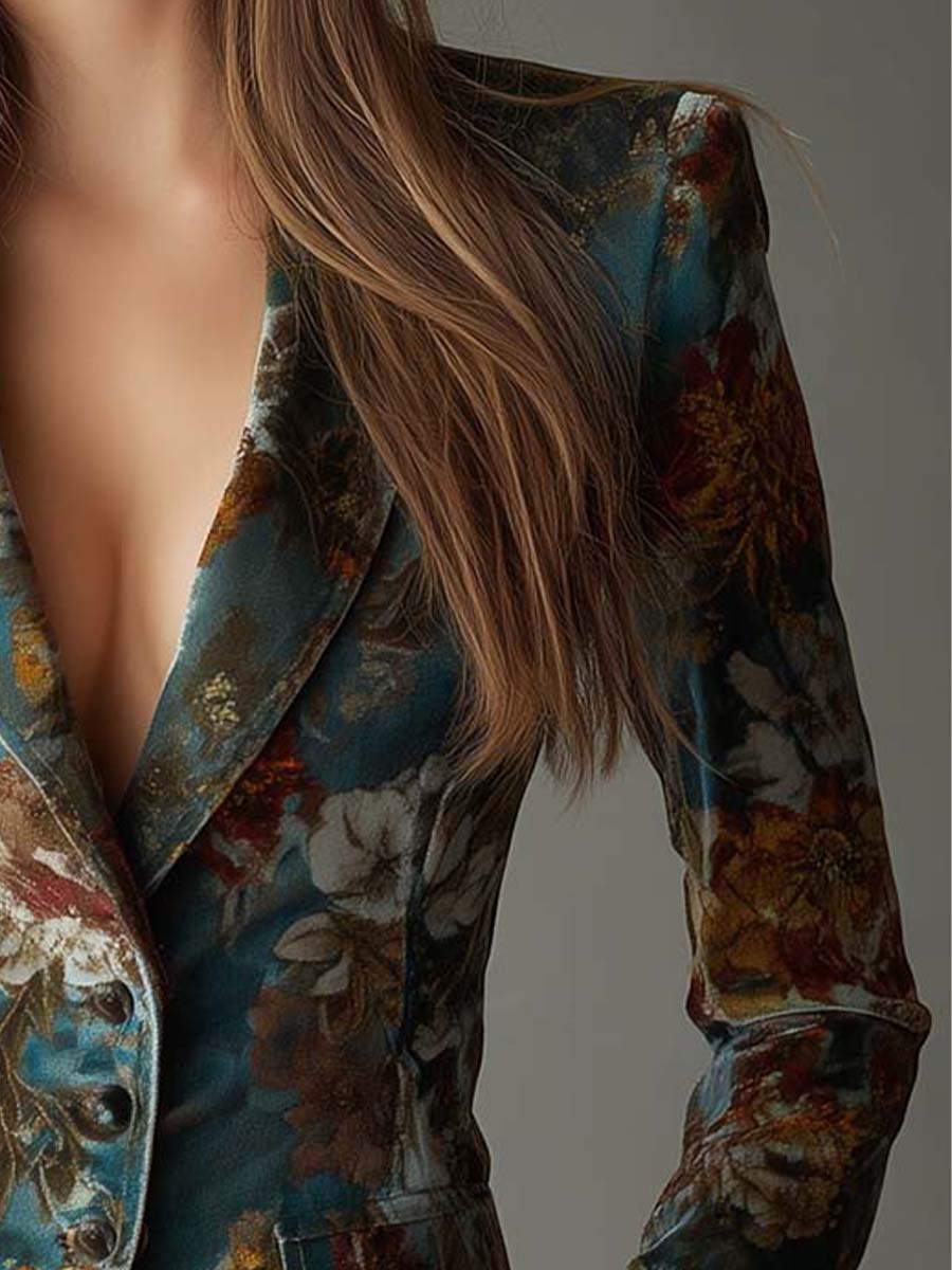 Cheryl – Tailored Floral Print Velvet-Look Blazer