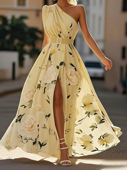 Lyla | Light Green Floral Chiffon One-Shoulder Maxi Dress