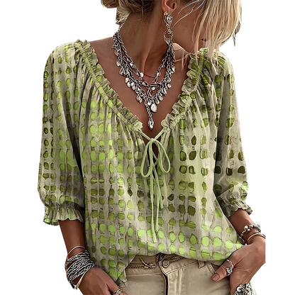 Jillian – Ruffled Tie-Front Spot Print Blouse