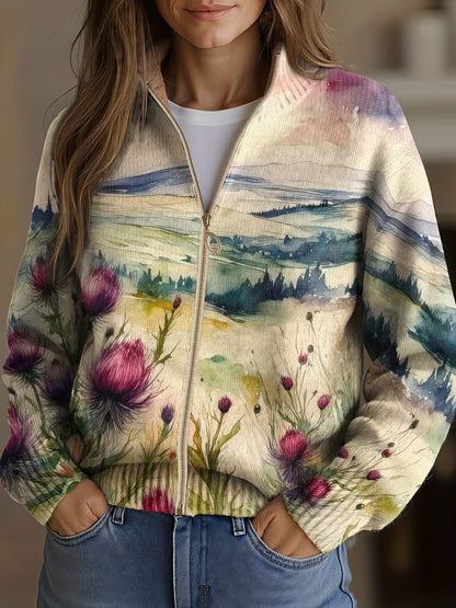 Melissa – Scottish Thistle Landscape Zip Jacket