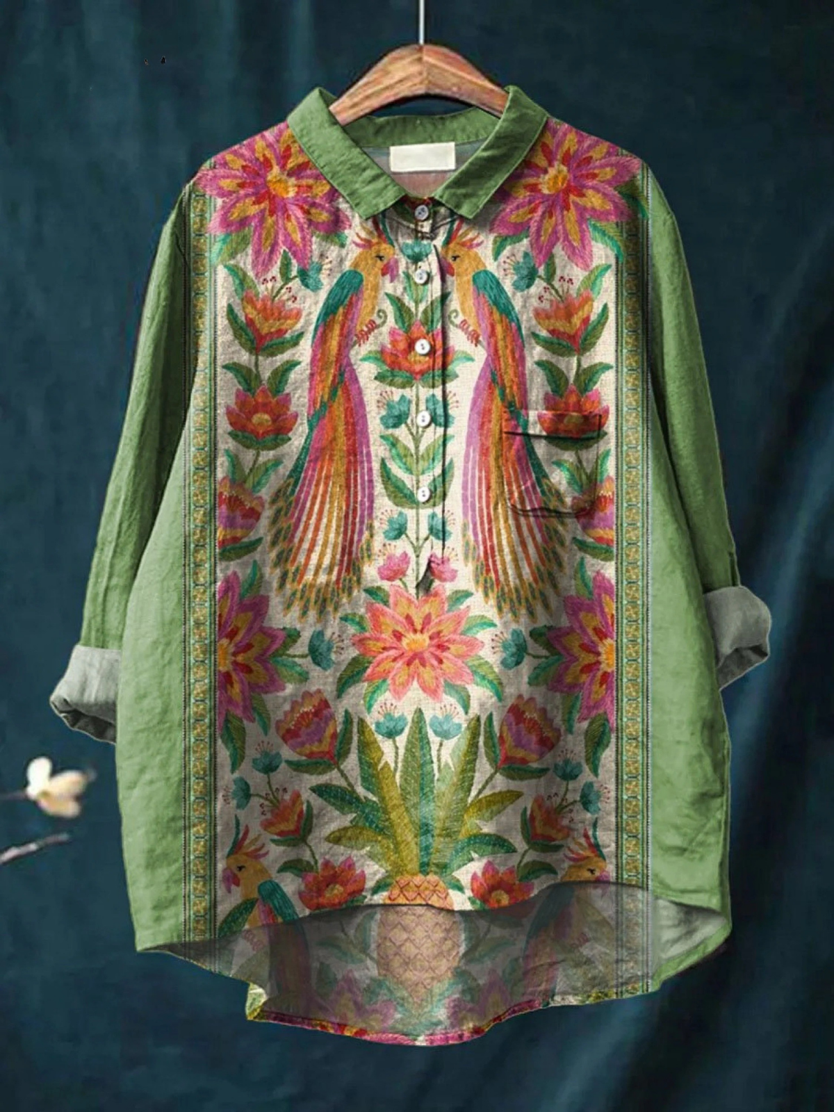 Pomeline | Women's Vintage Lovely Floral Birds Art Print Casual Shirt