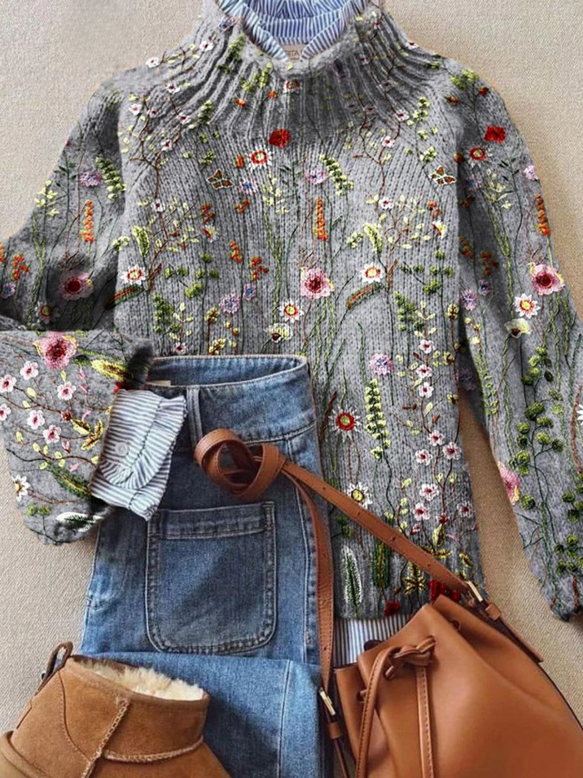 Olena | Vintage Lovely Floral Art Print Knit Turtleneck Pullover Jumper