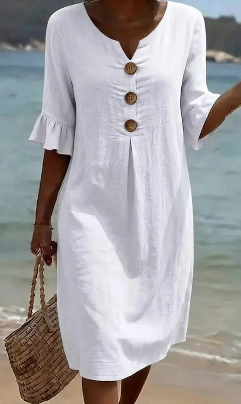 Kara – Relaxed Linen-Look Button Detail Dress