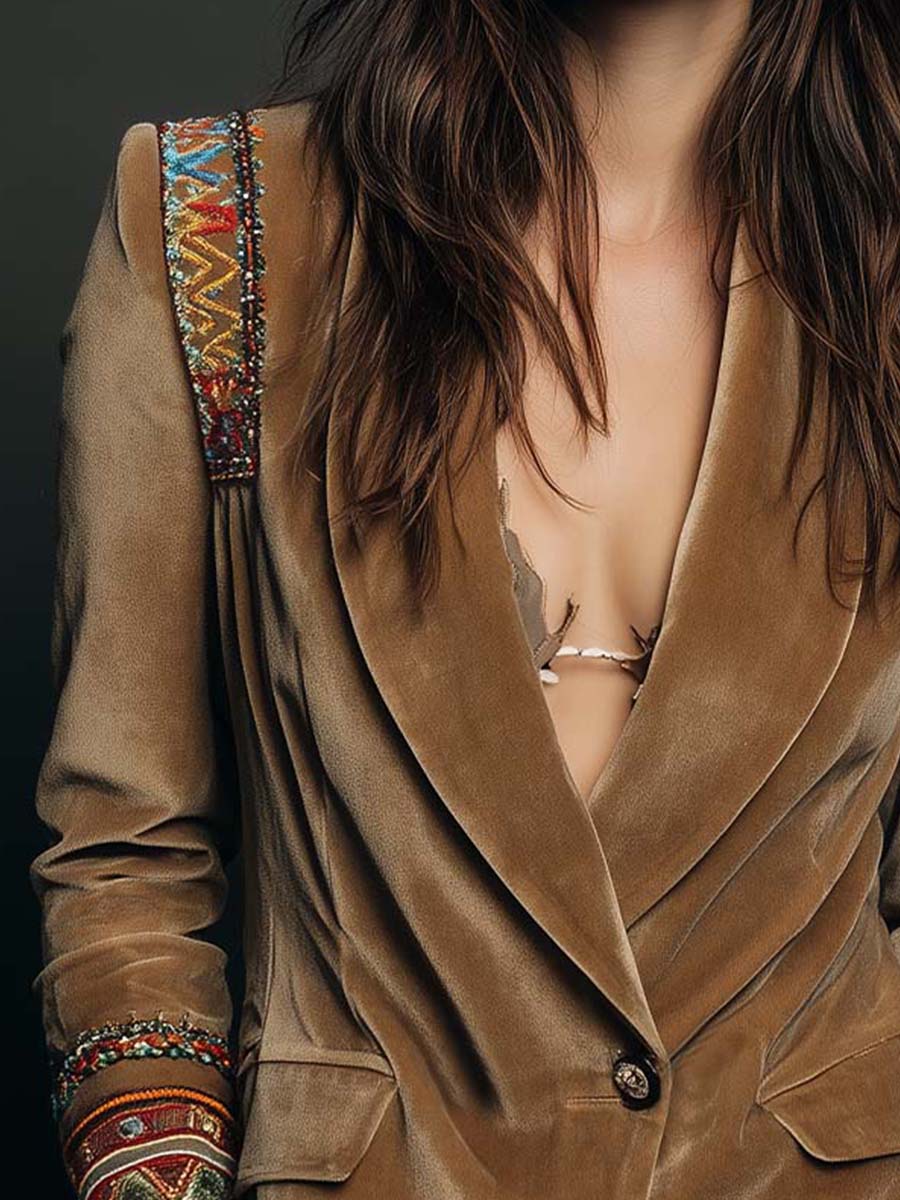 Corinne – Velvet-Look Blazer with Embroidered Trim