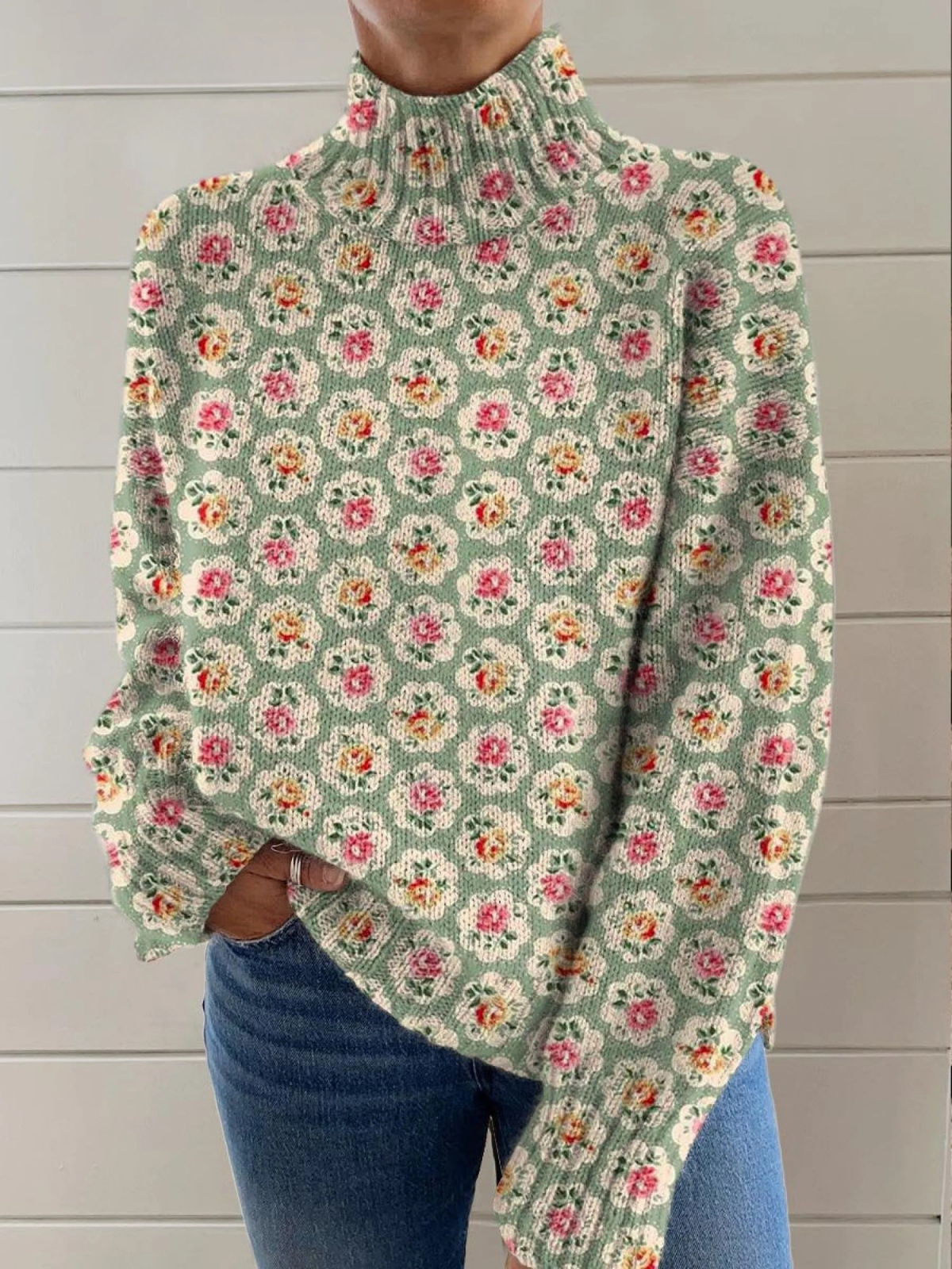 Anne – Floral Knit Mock-Neck Jumper