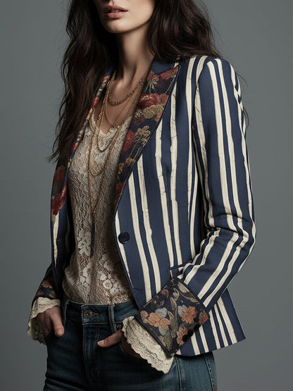 Arlene – Striped Blazer with Floral Print Detail