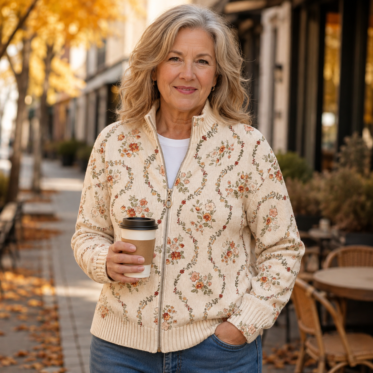 Ruby – Floral Vine Zip-Up Knit Jacket