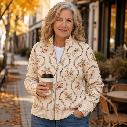 Ruby – Floral Vine Zip-Up Knit Jacket