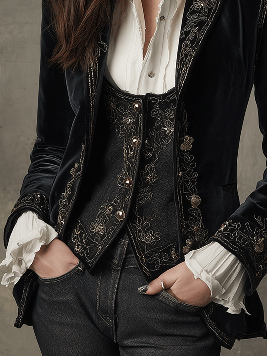 Angela – Velvet Embroidered Statement Blazer