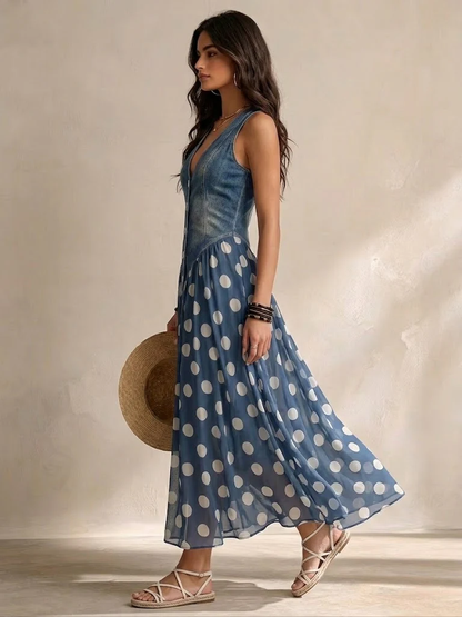 Vicki – Denim Bodice Polka Dot Midi Dress