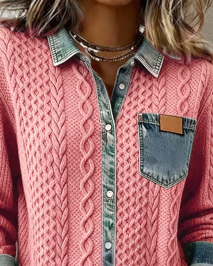 Janelle – Cable Knit Denim Patchwork Top