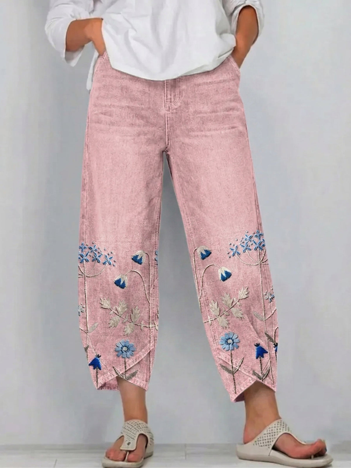Denise – Floral Embroidered Denim-Look Pants