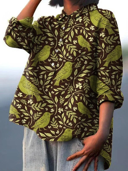 Carley | Women's Vintage Floral Birds Art Print Casual Shirt