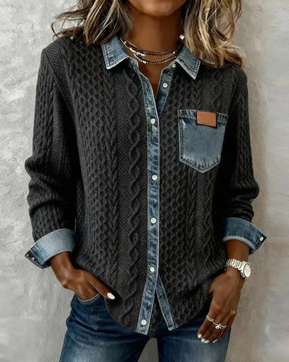 Janelle – Cable Knit Denim Patchwork Top
