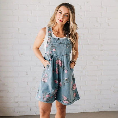 Gladys – Floral Denim Overall Shorts