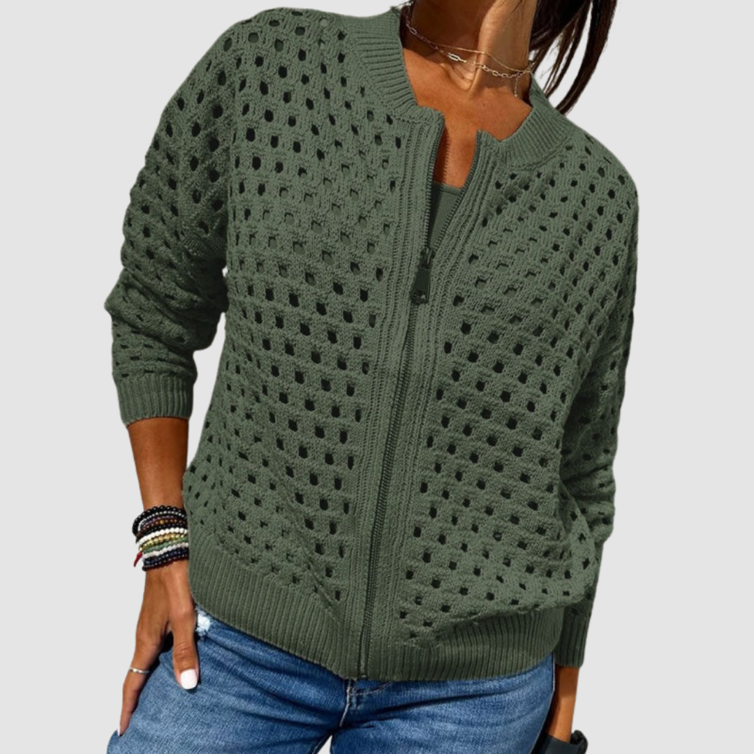 Pearline – Hollow Knit Zip-Up Cardigan