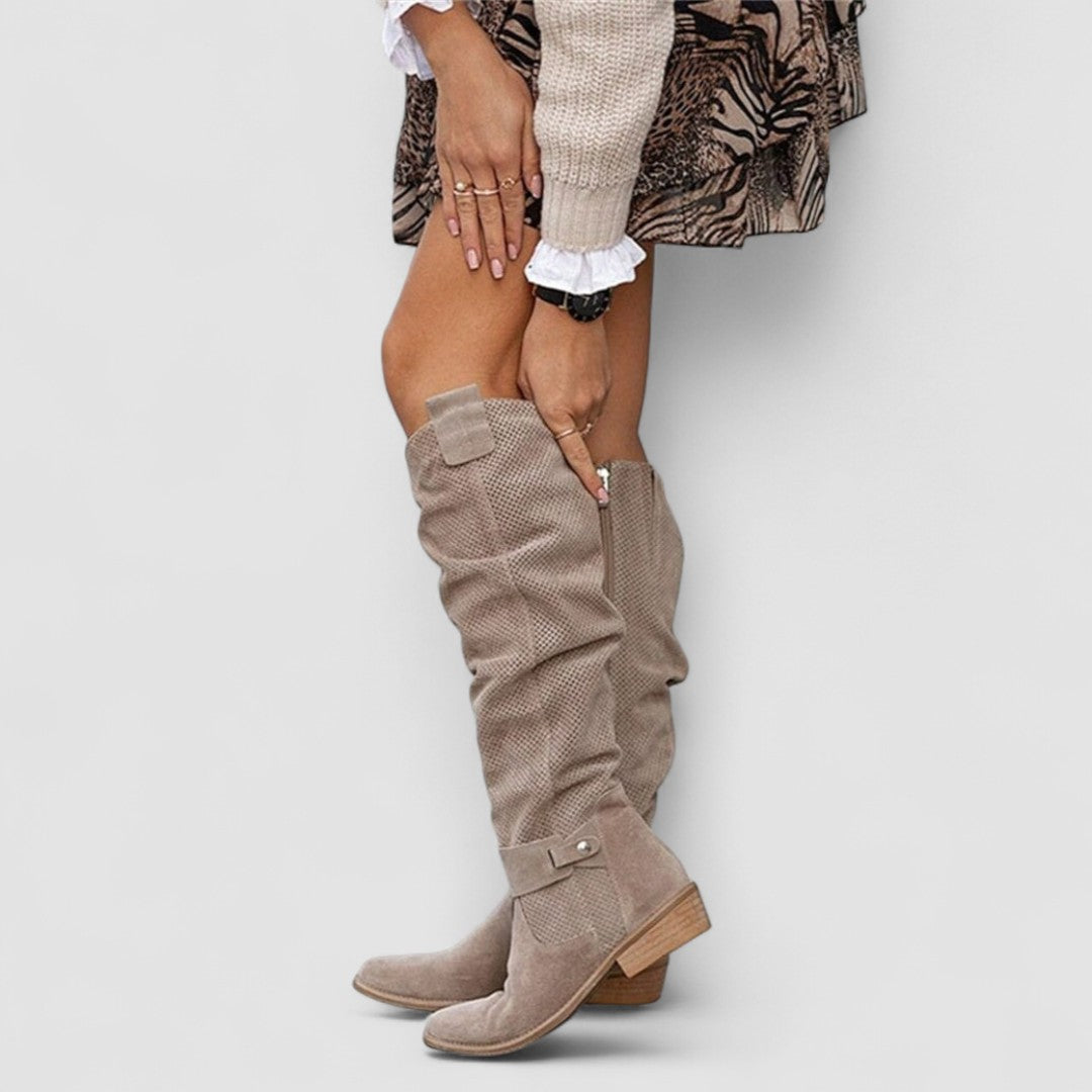 Cynthia – Knee-High Perforated Suede Boots