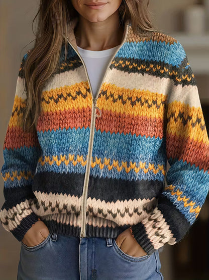 Rachelle – Striped Zip-Up Knit Cardigan