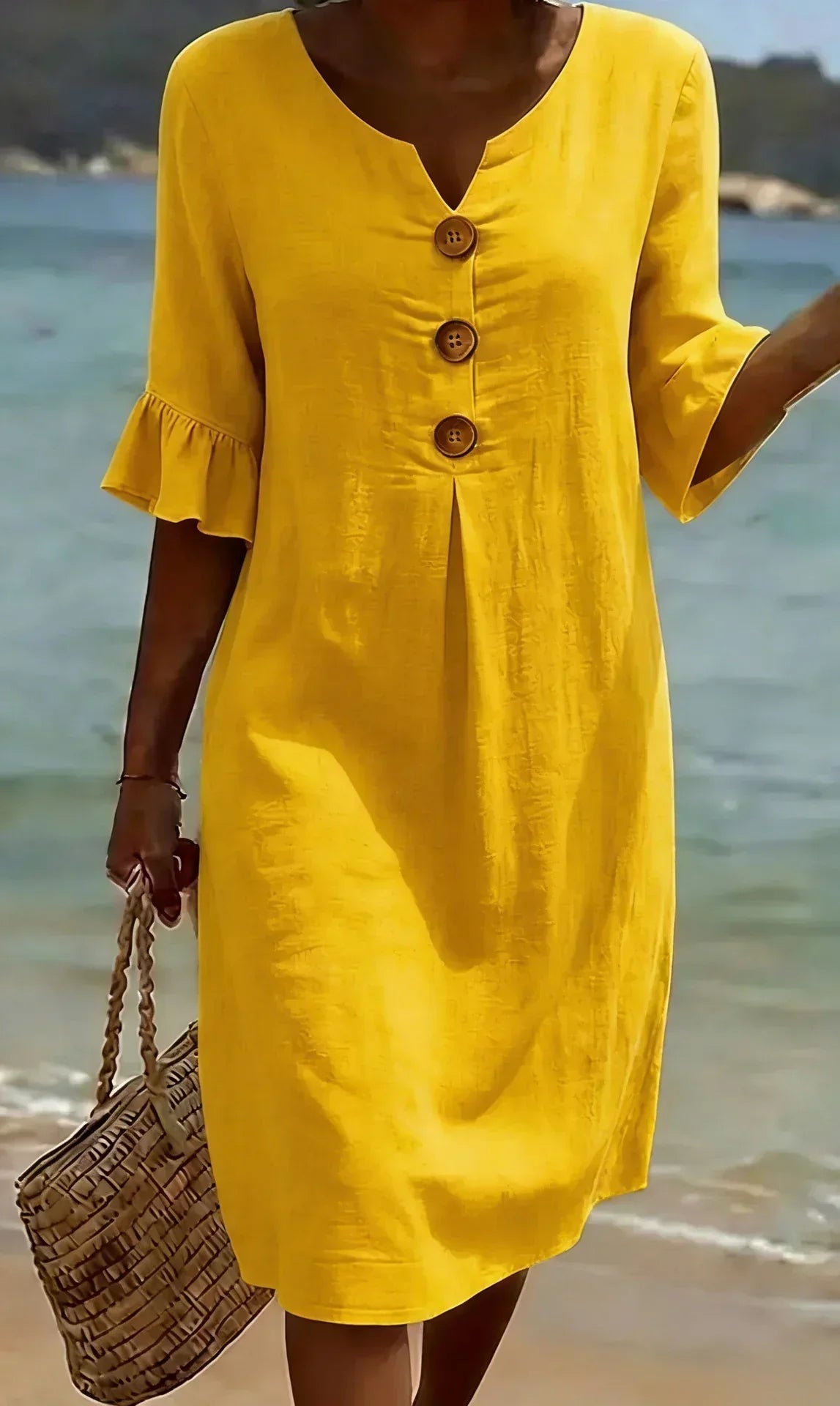 Kara – Relaxed Linen-Look Button Detail Dress