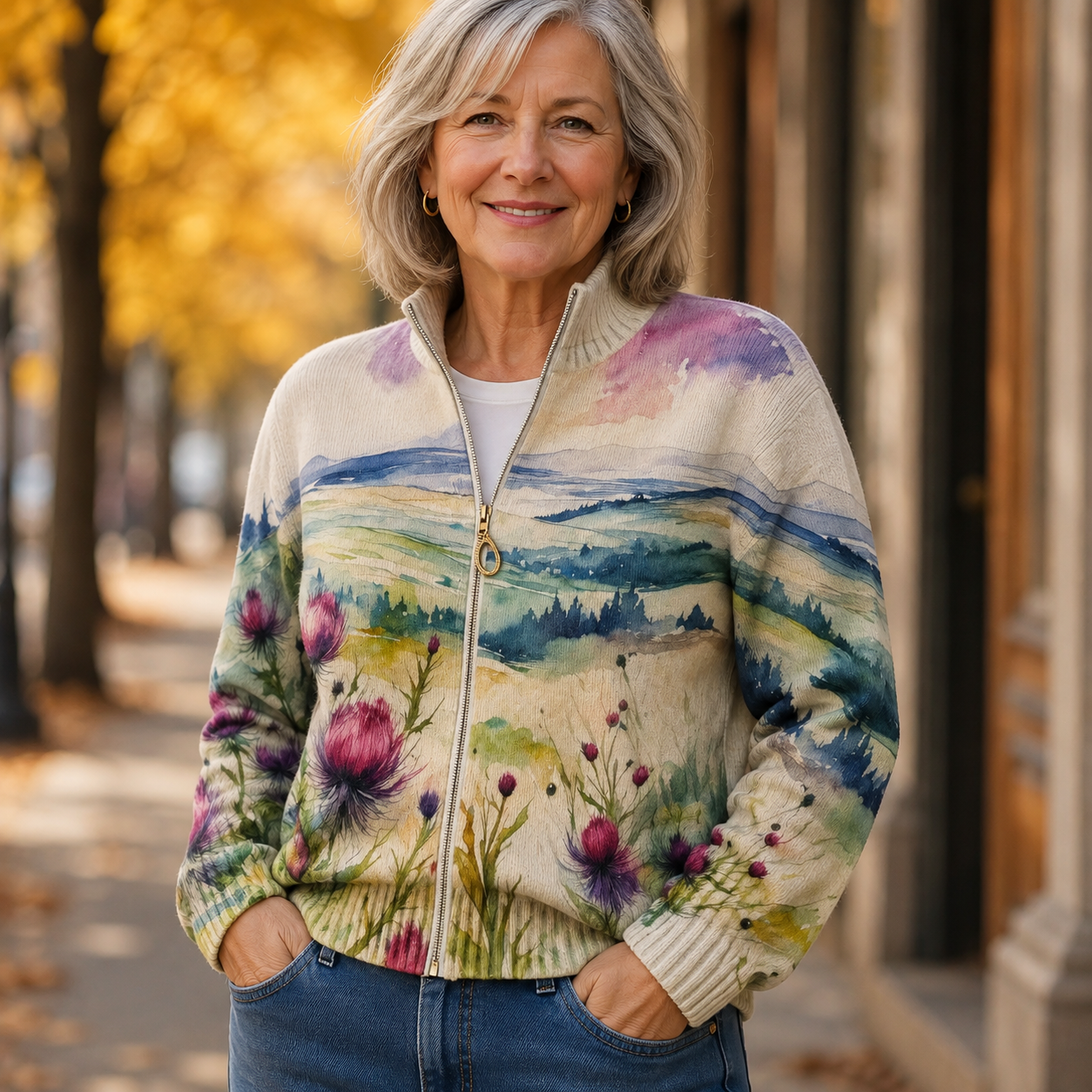 Melissa – Scottish Thistle Landscape Zip Jacket